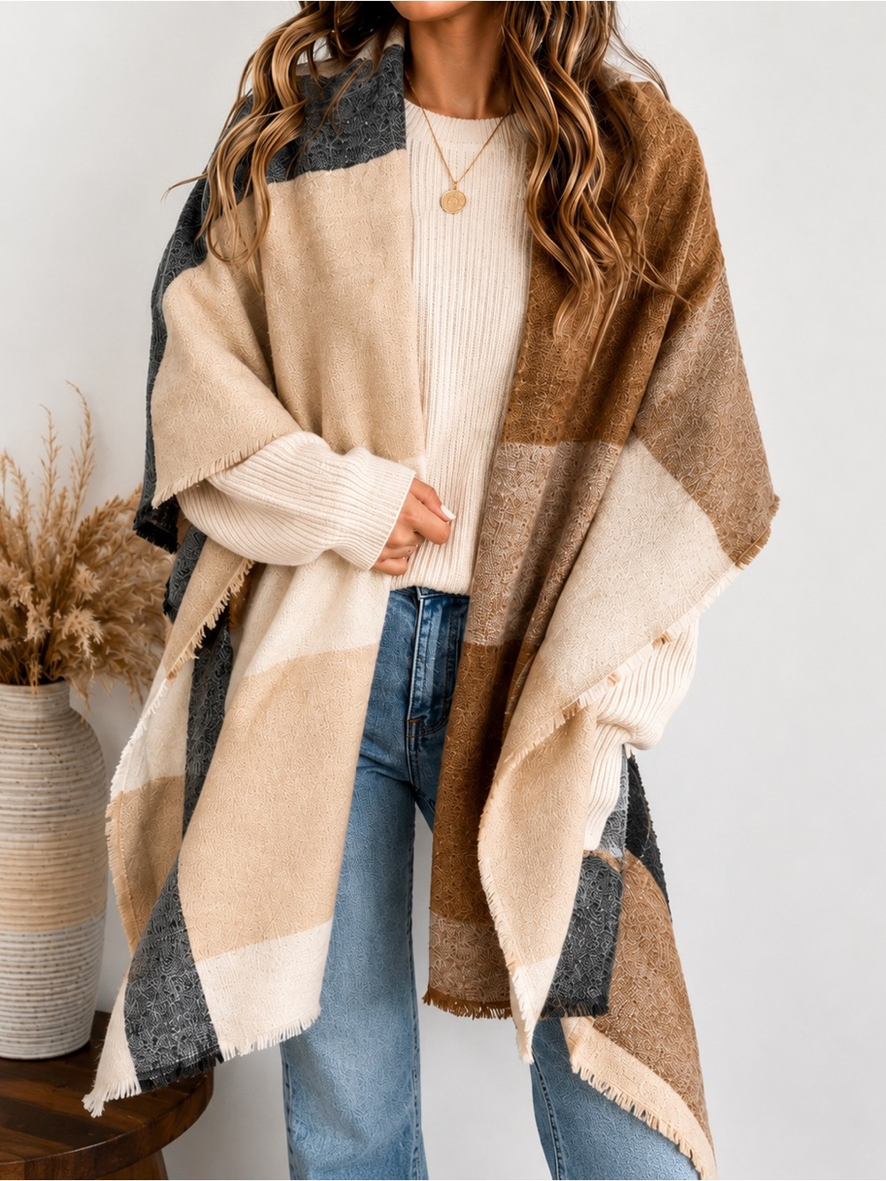 Zara Oversized Blanket Scarf Colorblock Plaid Wrap Shawl Beige Camel Cream OS